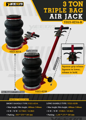 3 Ton Triple Bag Air Jack with Squeeze-Grip Release and Long/Short Handle Options for Pneumatic Lifting